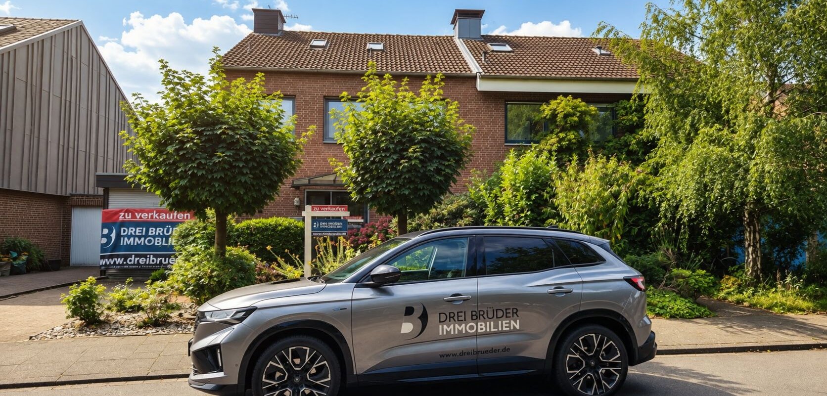 Ein modernes Fahrzeug mit der Aufschrift „Drei Brüder Immobilien“ steht vor einem, zum Verkauf angebotenen, Wohnhaus. Pflanzen und Bäume umgeben die Szenerie. Im Hintergrund sind ein Himmel mit Wolken und ein paar Dachfenster sichtbar.